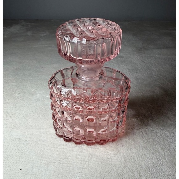 Unbranded Other - Vintage Pink Glass Perfume Bottle Waffle Pattern Faceted Stopper Decorative